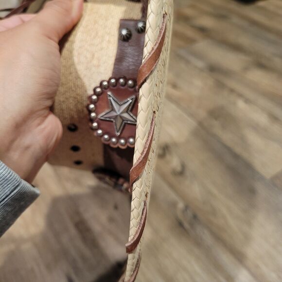 Red Star Riggings Palm Leaf Straw Hat Sz 7-1/8 Brown Leather Band Star Western - Picture 7 of 13